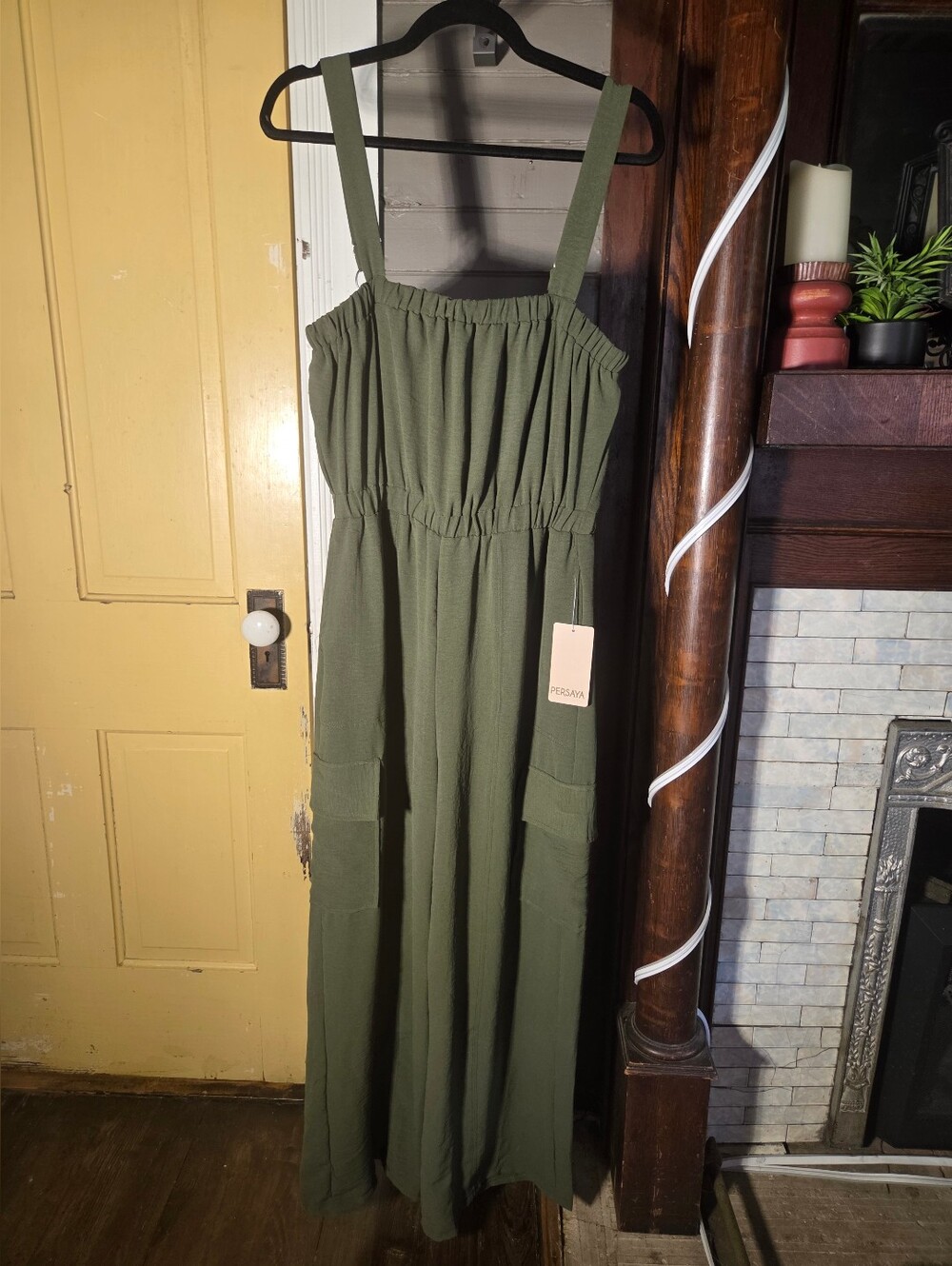 Persaya Olive Green Wide-Leg Strap Jumpsuit with Pockets